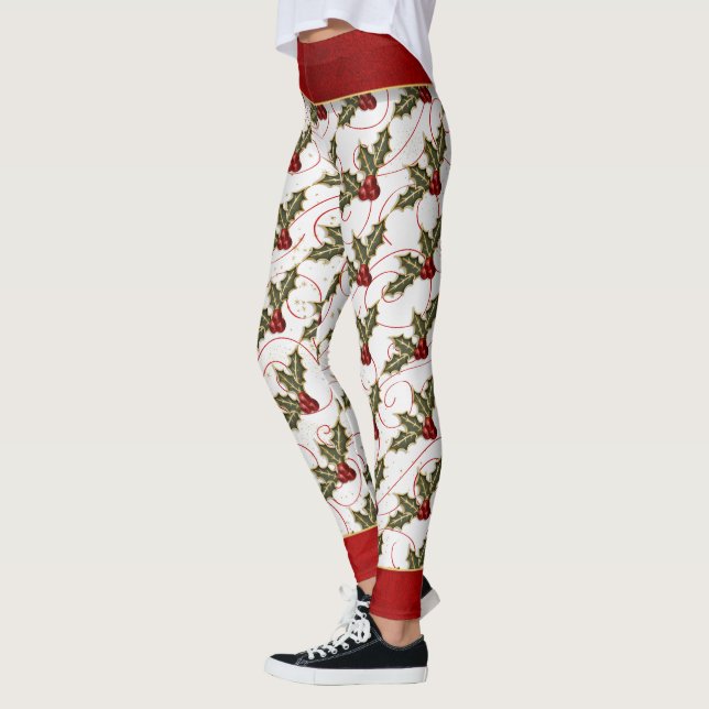 Holly Boughs mit Rot und Gold Stilvoll Leggings (Links)