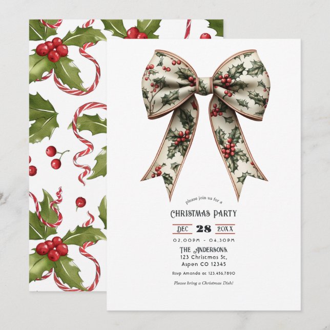 Holly Bow Holiday Weihnachts-Party Einladung (Vorne/Hinten)