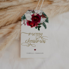 HOLLY Burgundy Gold Floral Frohe Weihnachten Geschenkanhänger