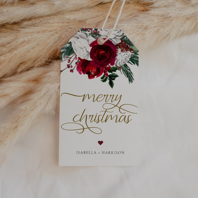 HOLLY Burgundy Gold Floral Frohe Weihnachten Geschenkanhänger (Von Creator hochgeladen)
