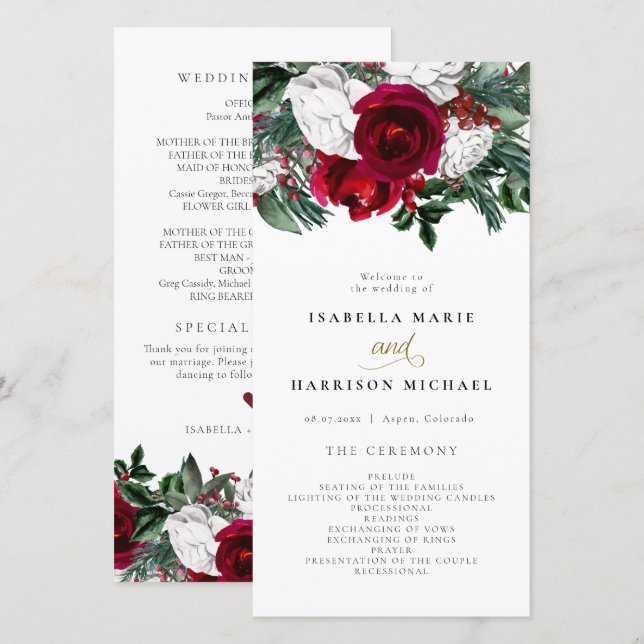 HOLLY Burgundy Winter Floral Gold Wedding Program Dankeskarte (Vorne/Hinten)