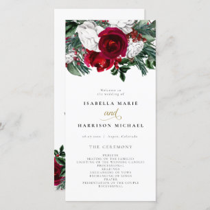 HOLLY Burgundy Winter Floral Gold Wedding Program Dankeskarte