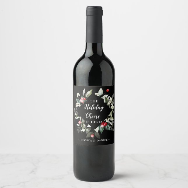 Holly Cheers Black Holiday Weihnachtsweinlabel Weinetikett (Vorderseite)