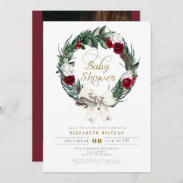 HOLLY Christmas Burgundy Floral Foto Baby Shower Einladung