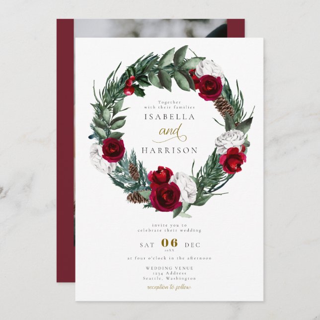 HOLLY Christmas Burgundy Floral Foto Hochzeit Einladung (Vorne/Hinten)