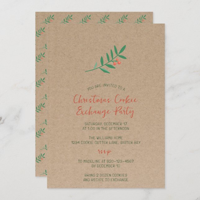 Holly Christmas Cookie Exchange Kraft Party Einladung (Vorne/Hinten)