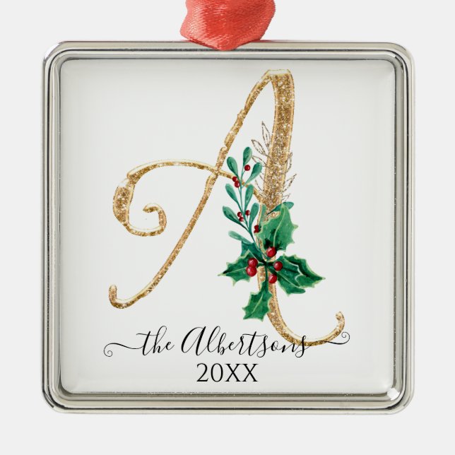 Holly Christmas Gold Glitzer Monogram A Family Ornament Aus Metall (Vorne)