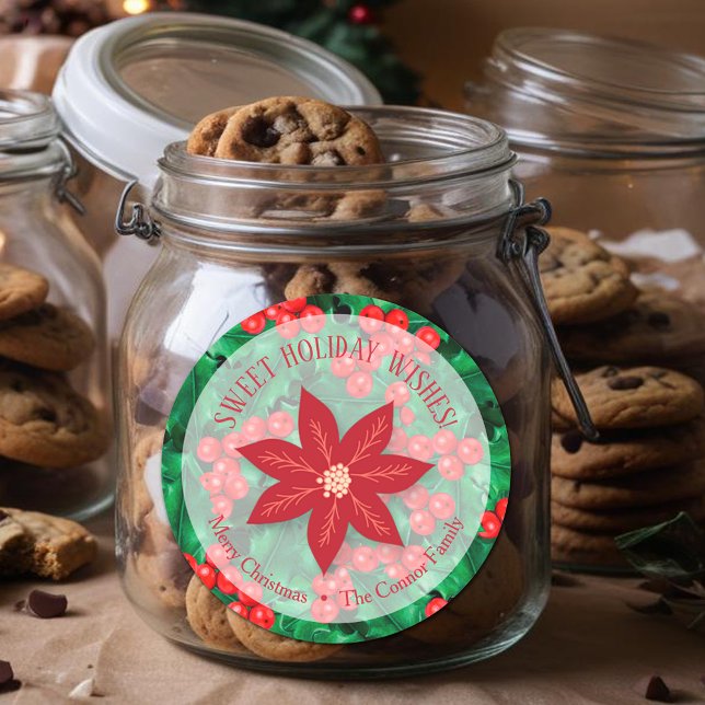 Holly Floral Weihnachten Weihnachten Weihnachtsfes Runder Aufkleber (Holly Berries and Poinsettia  Christmas Homemade Holiday Baking 3" Round Stickers)