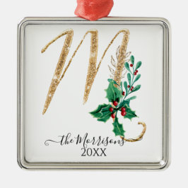 Holly Foliage Monogram M Gold Glitzer Weihnachten Ornament Aus Metall