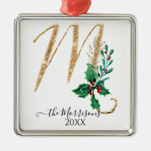 Holly Foliage Monogram M Gold Glitzer Weihnachten Ornament Aus Metall