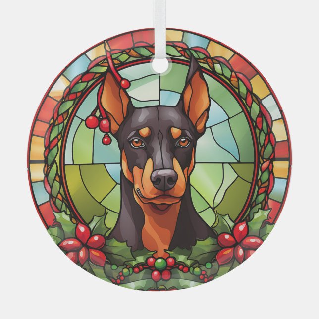 Holly Frame Doberman Pinscher Dog Christmas Ornament Aus Glas (Vorderseite)