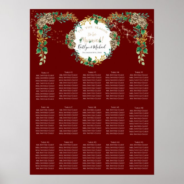 Holly Gold Foliage Burgundy Wedding Seating Chart Poster (Vorne)