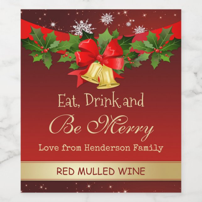 Holly, goldene Glocken und Schneeflocken Weihnacht Weinetikett (Einzelnes Label)