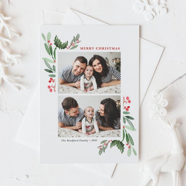 Holly Greenery Aquarell Zwei Foto Weihnachten (Watercolor Holly and Greenery Two-Photo Collage Christmas Postcard)