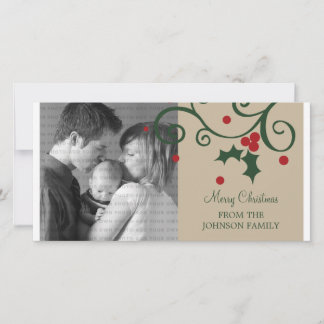 Holly Holiday Foto Card, Beige Feiertagskarte