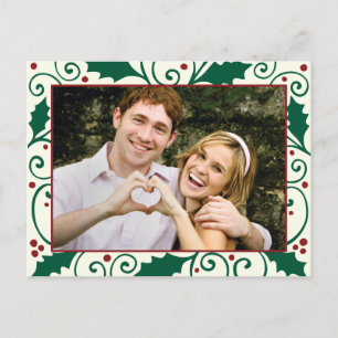 Holly Holiday Green & Red on Cream Photo Postcard Feiertagspostkarte