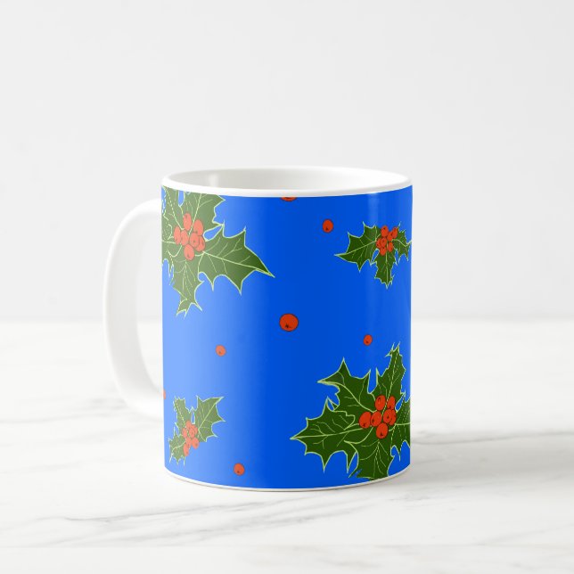 Holly (Ilex) Weihnachtsmotif auf blauem Hintergrun Kaffeetasse (Vorderseite Links)