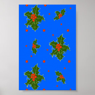 Holly (Ilex) Weihnachtsmotif auf blauem Hintergrun Poster