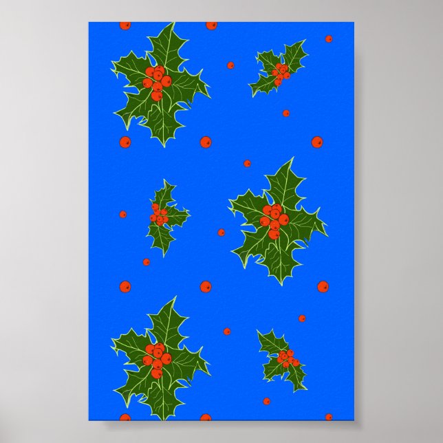 Holly (Ilex) Weihnachtsmotif auf blauem Hintergrun Poster (Vorne)