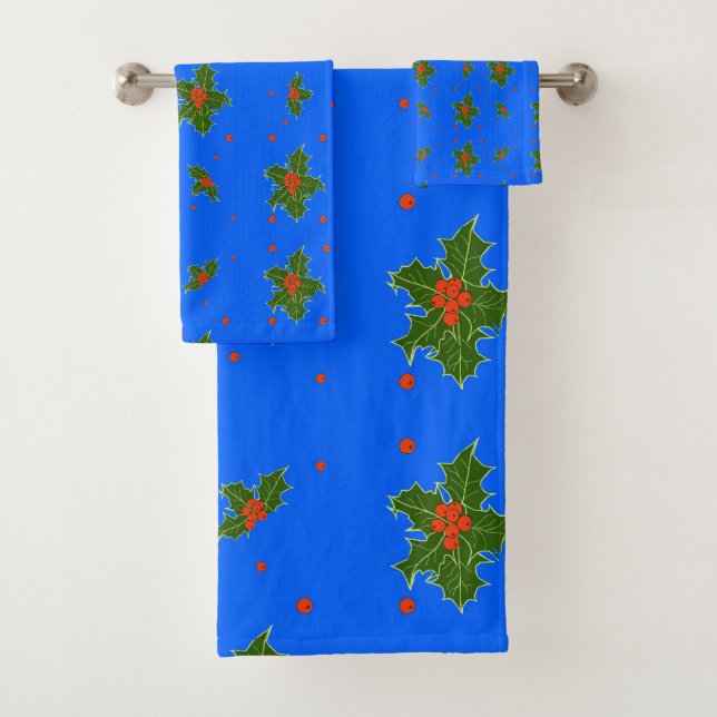 Holly (Ilex) Weihnachtsmotif auf festlich blau Badhandtuch Set (Insitu)