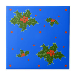 Holly (Ilex) Weihnachtsmotif auf festlich blau Fliese
