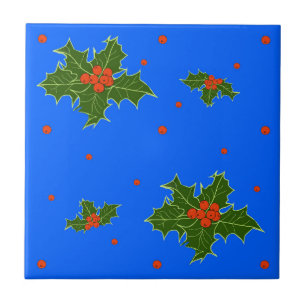 Holly (Ilex) Weihnachtsmotif auf festlich blau Fliese