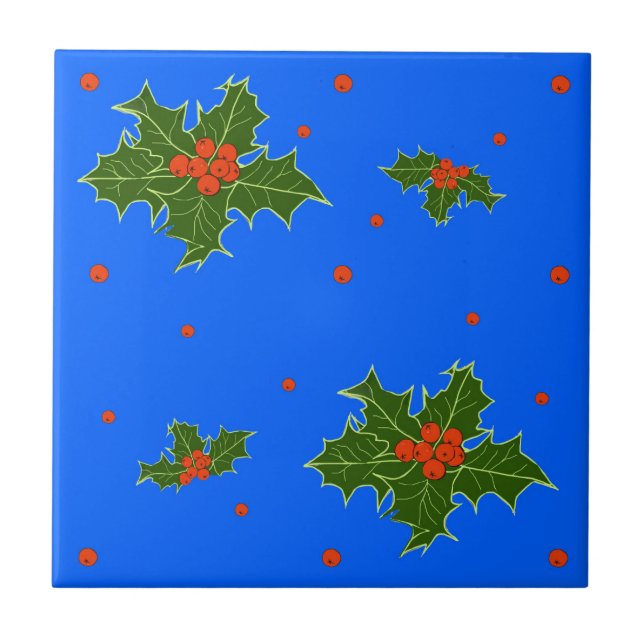 Holly (Ilex) Weihnachtsmotif auf festlich blau Fliese (Vorderseite)
