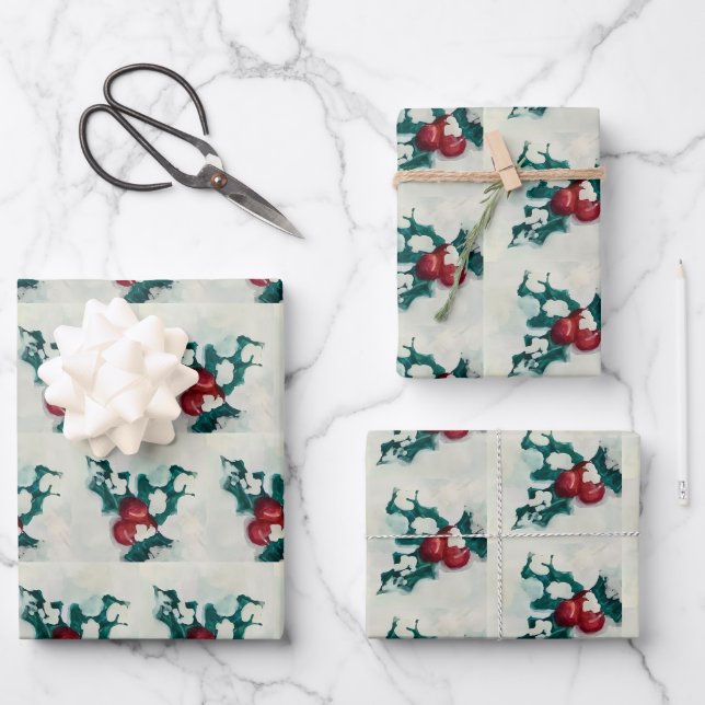 Holly in Snow Geschenkpapier Set (Vorderseite)