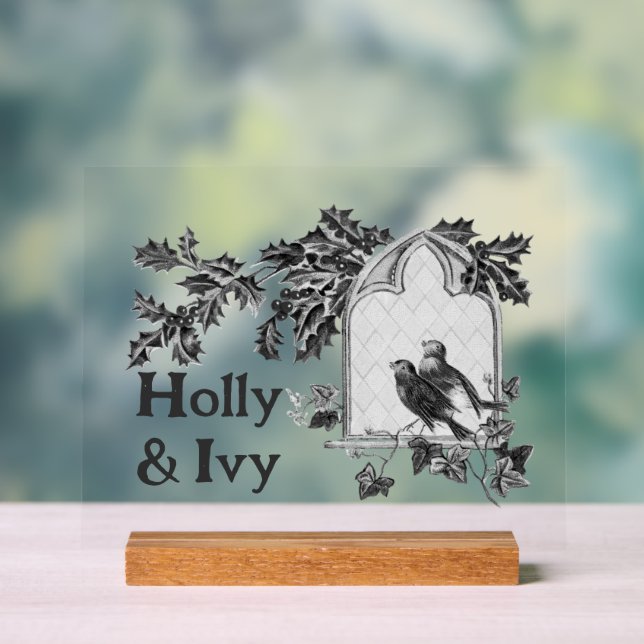 Holly & Ivy birds vintage Weihnachten Schwarz & We Acrylschild (Neutral)