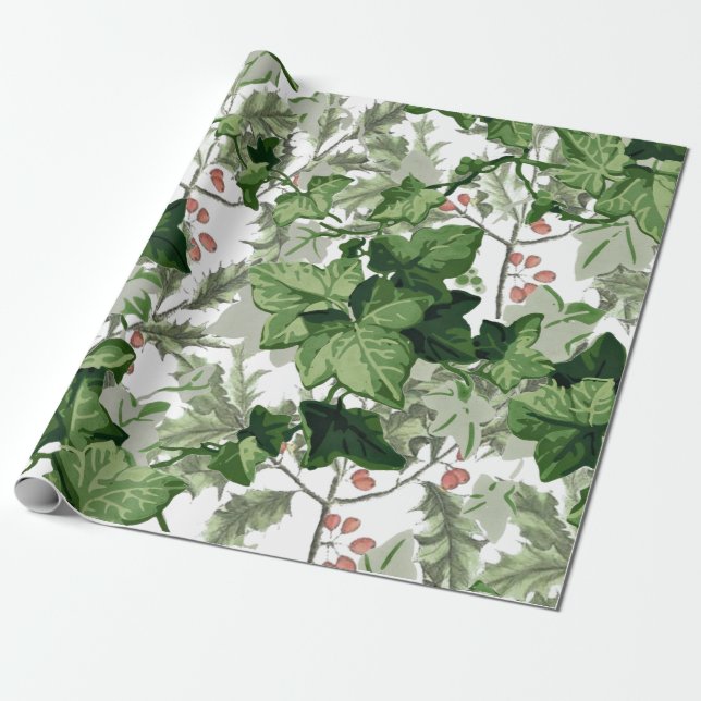 Holly Ivy Vintage Weihnachtsgrün Leaf Roter Wein Geschenkpapier (Ungerollt)