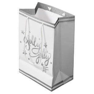 Holly Jolly AF   Shiny Silver Imitats Foil Script Mittlere Geschenktüte