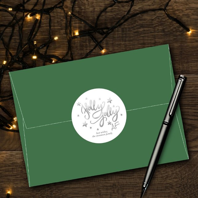 Holly Jolly AF | Shiny Silver Imitats Foil Script Runder Aufkleber (Von Creator hochgeladen)