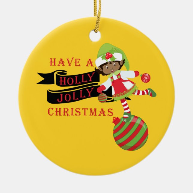 Holly Jolly Black American Christmas Elf Keramik Ornament (Vorne)