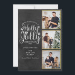 Holly Jolly Chalkboard 3 Foto Collage Feiertagskarte<br><div class="desc">Ein elegantes Holly Jolly 3 Foto Collage Urlaubsstil für Sie,  um mit Ihren Lieblings-Fotos in goldenen Rahmen,  Nachricht,  Namen und Jahr auf einem Chalkboard-Hintergrund zu personalisieren. Auf der Rückseite sind fallende Schneeflocken auf einem passenden Chalkboard-Hintergrund zu sehen. Entwickelt von Thisisnotme©</div>