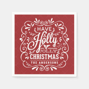 Holly Jolly Christmas Chalk Art Red Paper Napkins Serviette
