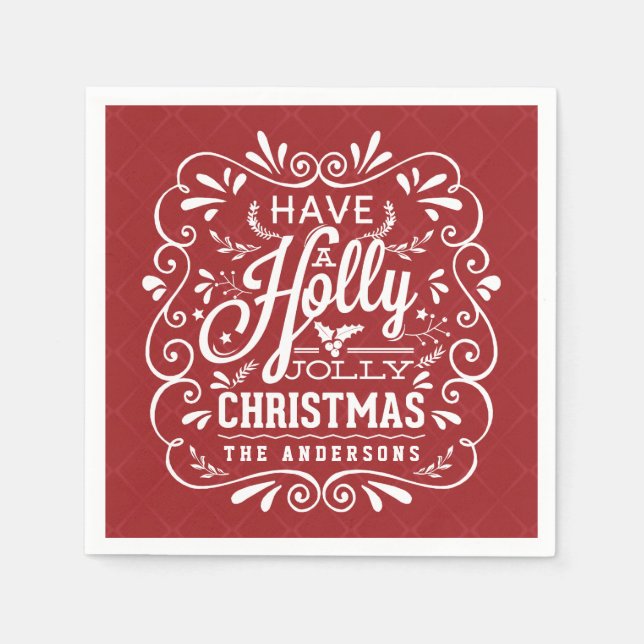 Holly Jolly Christmas Chalk Art Red Paper Napkins Serviette (Vorderseite)