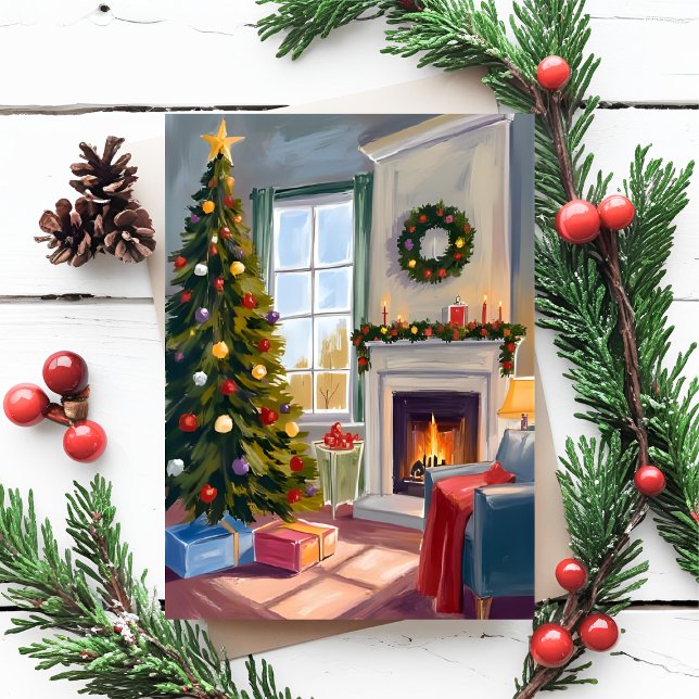 Holly Jolly Christmas | Fireplace Tree Merry Feiertagspostkarte (Von Creator hochgeladen)