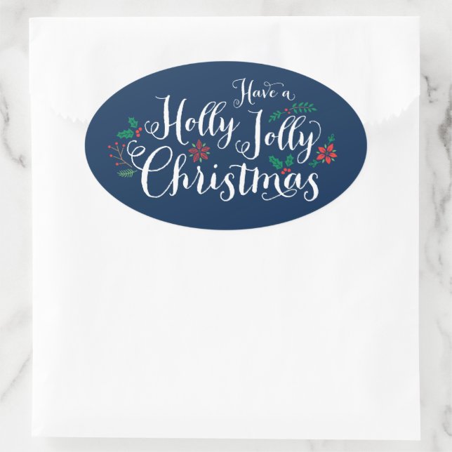 Holly Jolly Christmas Navy Blue Holiday Ovaler Aufkleber (Tasche)