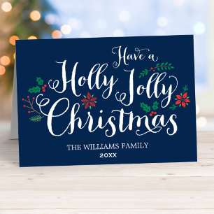 Holly Jolly Christmas Navy Blue Photo Feiertagskarte