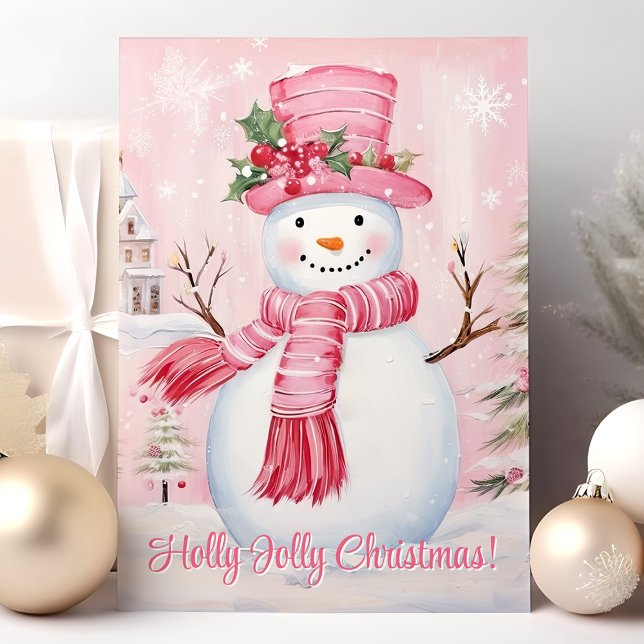 Holly Jolly Christmas Niedlich Pink Snowman Feiertagskarte (Von Creator hochgeladen)
