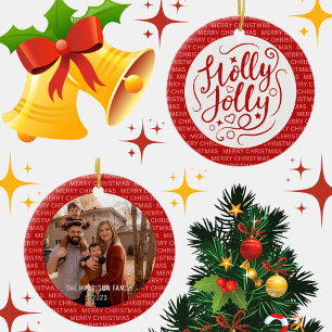 Holly Jolly Christmas Script Family Foto Red Keramik Ornament