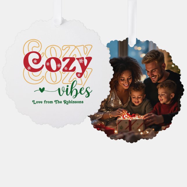 Holly Jolly Cozy Vibes Retro Weihnachtsfest Foto Ornament Karte (Vorderseite/Rückseite)