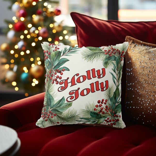 "Holly Jolly" Dekorative Weihnachtsschrift & Holly Kissen (Traditional Christmas Decor Festive "Holly Jolly" Pine and Holly Decorative Christmas Throw Pillow)