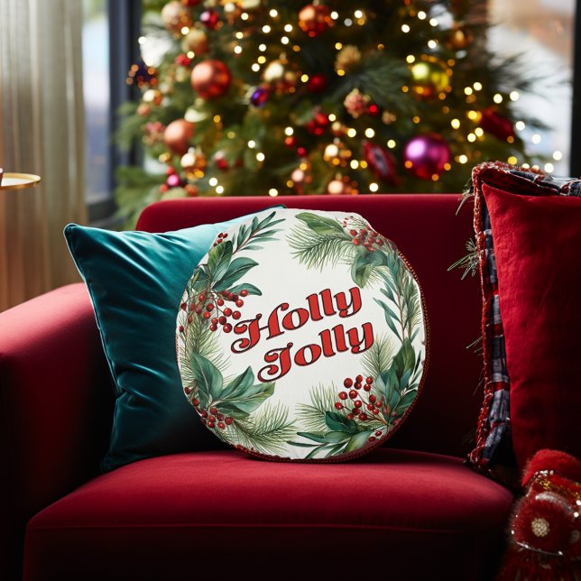 "Holly Jolly" Dekorative Weihnachtsschrift & Holly Rundes Kissen (Festive Merry Christmas "Holly Jolly" Round Christmas Script Pouf Pillow
)