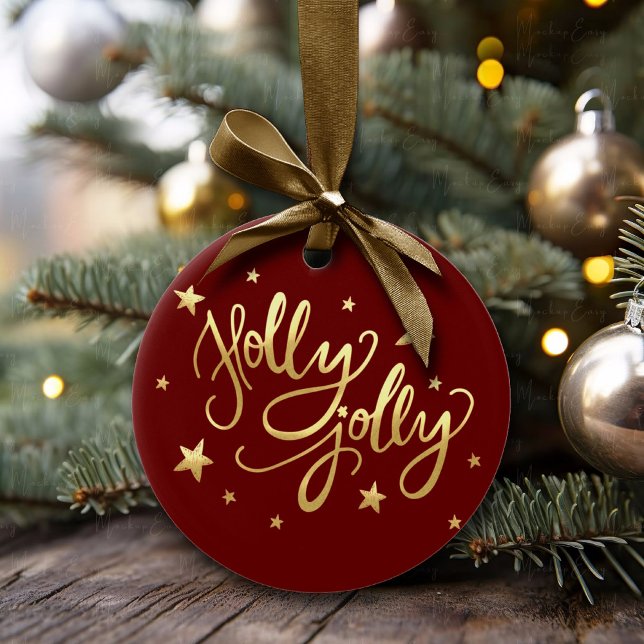 Holly Jolly | Elegante Gold Imitate Foil Script Keramik Ornament (Von Creator hochgeladen)