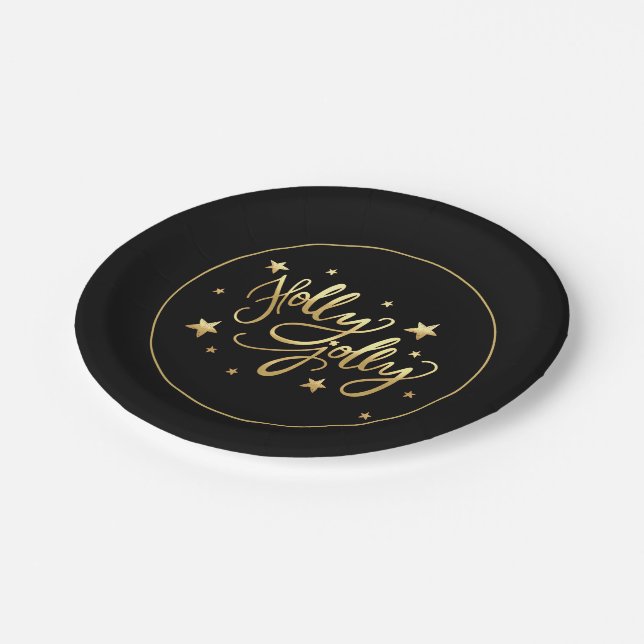 Holly Jolly | Elegante Gold Imitate Foil Script Pappteller (Schrägansicht)