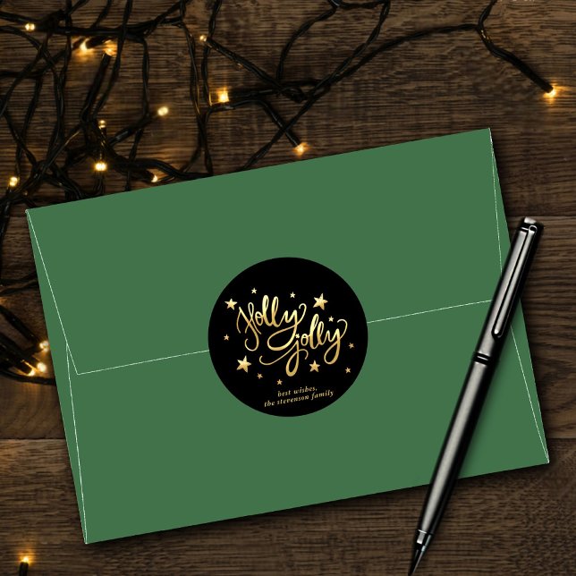 Holly Jolly | Elegante Gold Imitate Foil Script Runder Aufkleber (Von Creator hochgeladen)