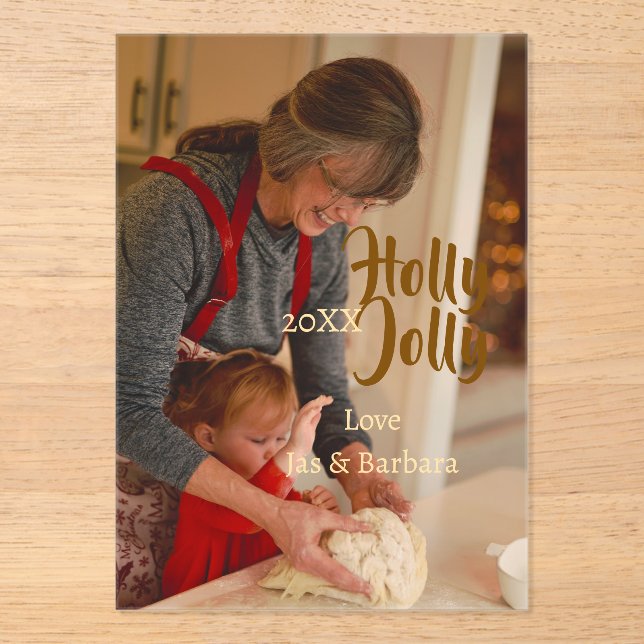 Holly Jolly family holiday photo beige year naboho Acryleinladungen (Vorderseite)