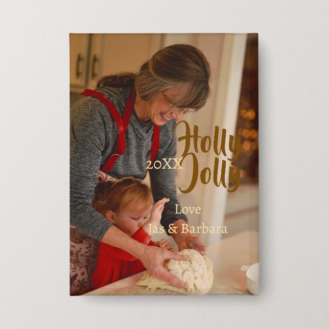 Holly Jolly family holiday photo beige year naboho Button (Vorderseite)