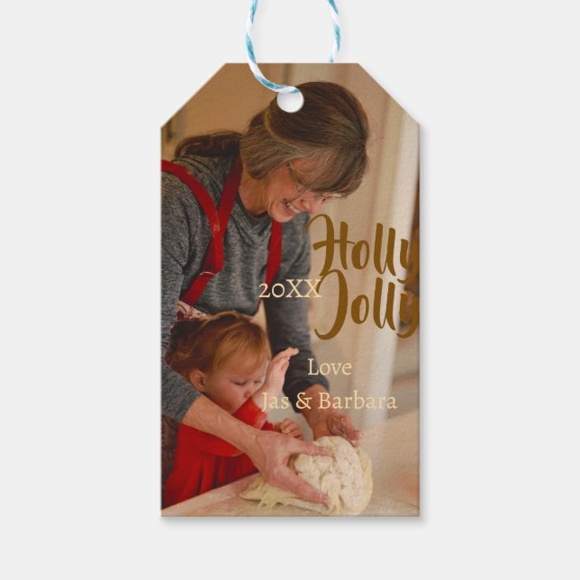 Holly Jolly family holiday photo beige year naboho Geschenkanhänger (Vorderseite)